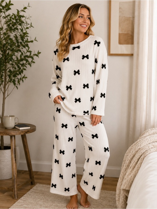 Other - Women's Cream Ribbed Bow Print Lounge Set | Cozy Knit Top & Pants | Size Large